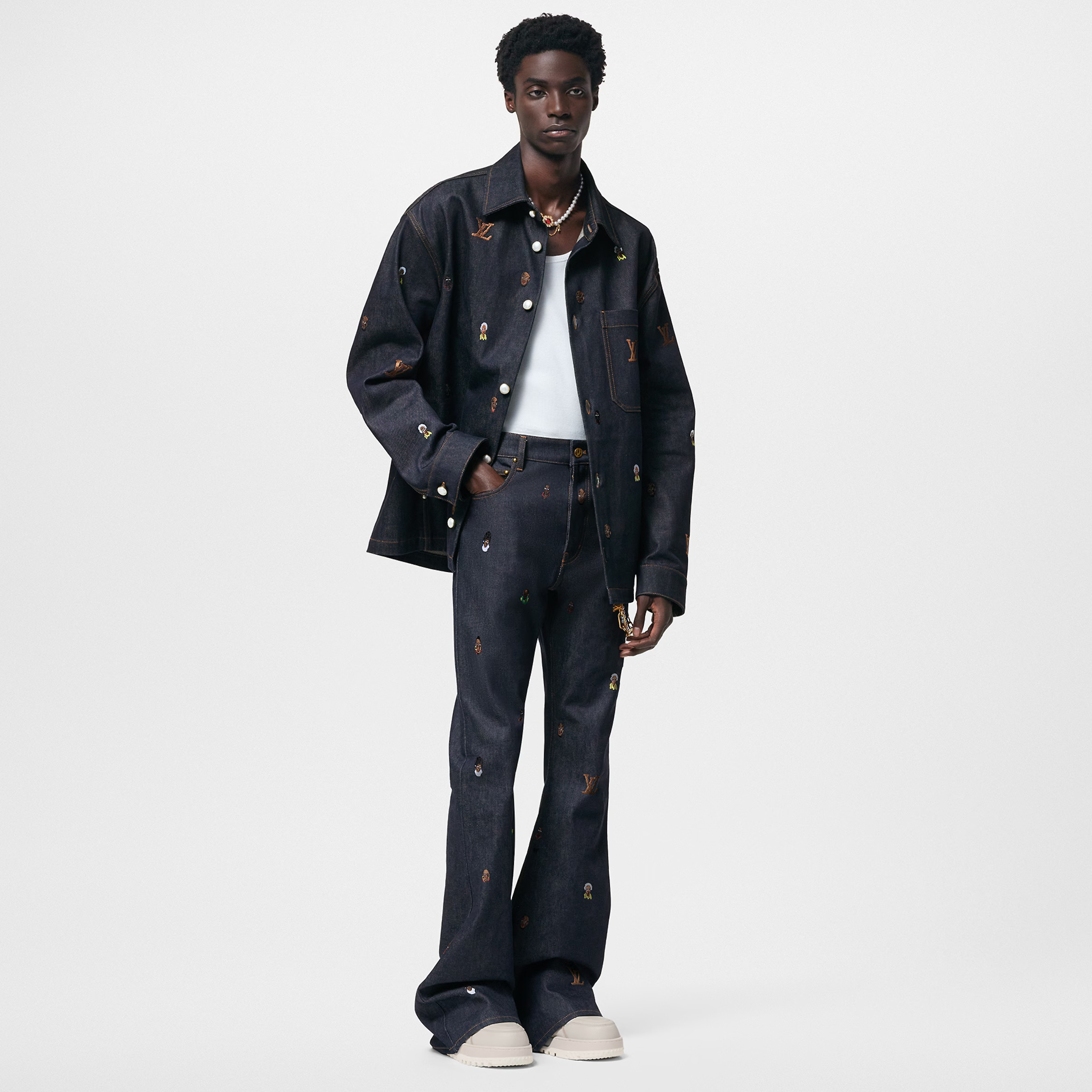 NIGO Louis Vuitton Men's Spring And Fall Dark Blue Monogrammed Embroidered Single-breasted Button Lapel Loose Casual Denim Long-sleeved Jacket Flared Jeans Pants Set Suit #nigo73275