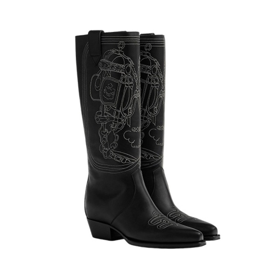 NIGO Hermes Women's Autumn And Winter Fashion Pattern Embroidery Black Thigh High Boots Casual Round Toe Leather Boots Ngvp #nigo9343