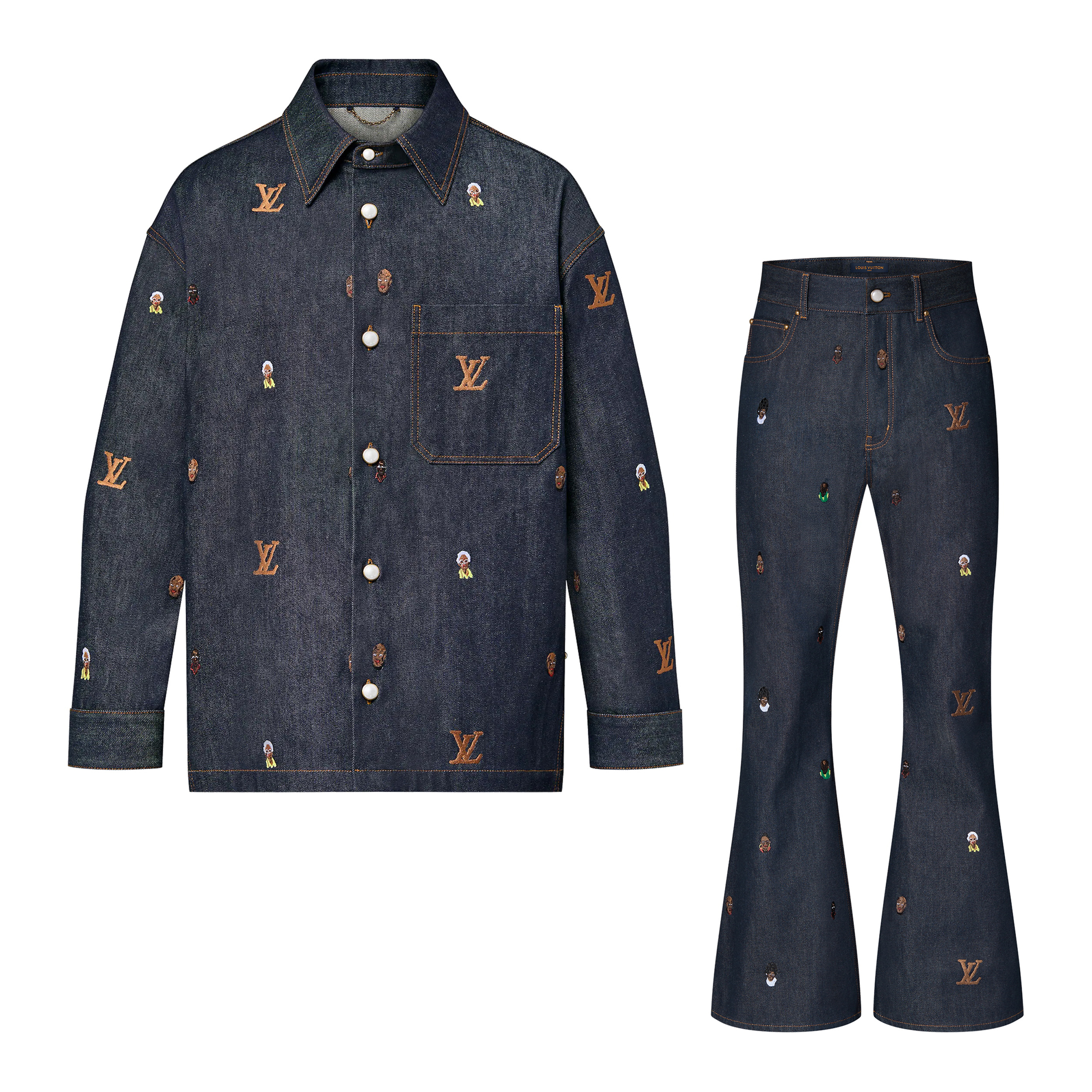 NIGO Louis Vuitton Men's Spring And Fall Dark Blue Monogrammed Embroidered Single-breasted Button Lapel Loose Casual Denim Long-sleeved Jacket Flared Jeans Pants Set Suit #nigo73275