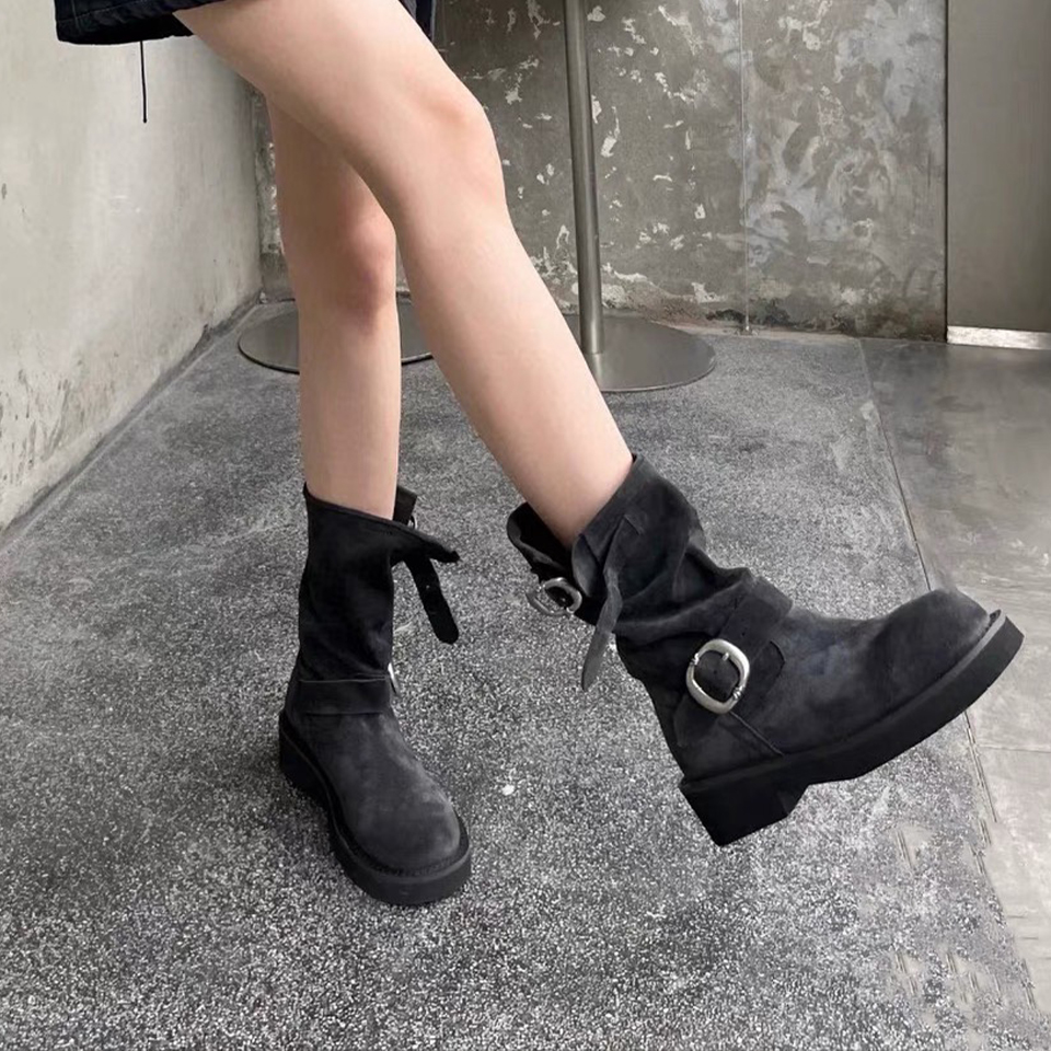 NIGO Chrome Hearts Women's Fashion Retro Biker Boots Cross Martin Boots Cowhide Suede Casual Solid Color Short Boots Ngvp #nigo9364