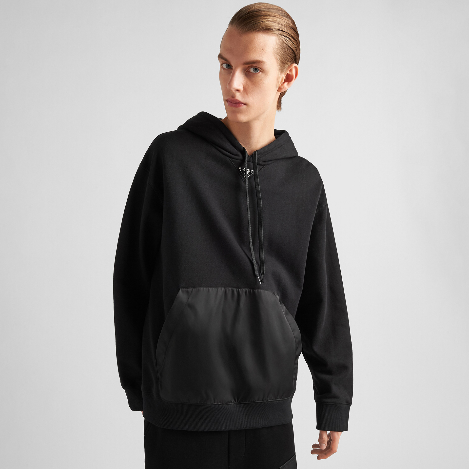 NIGO Prada Men's Spring and Fall Triangle Metal Label Black Cotton Hooded Drawstring Loose Sweatshirt Pullover #nigo73284