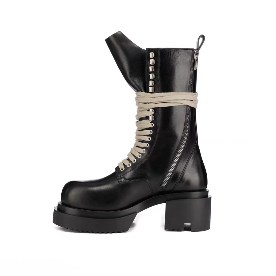 NIGO Rick Owens Women's Solid Color Autumn And Winter Leather Thigh High Boots Casual Shoes Lace Up Round Head Short Boots Ngvp #nigo9368