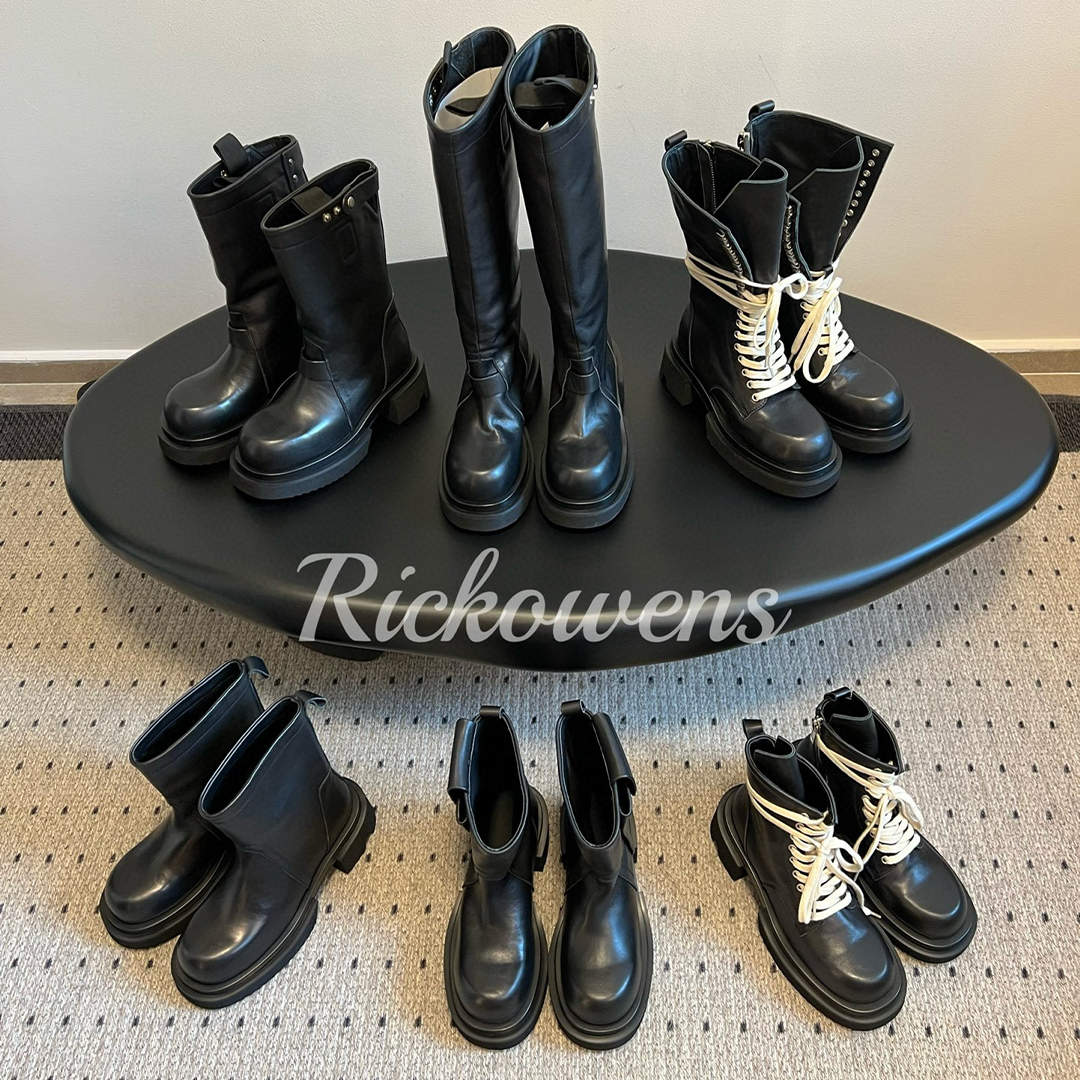 NIGO Rick Owens Women's Solid Color Autumn And Winter Leather Thigh High Boots Casual Shoes Lace Up Round Head Short Boots Ngvp #nigo9368