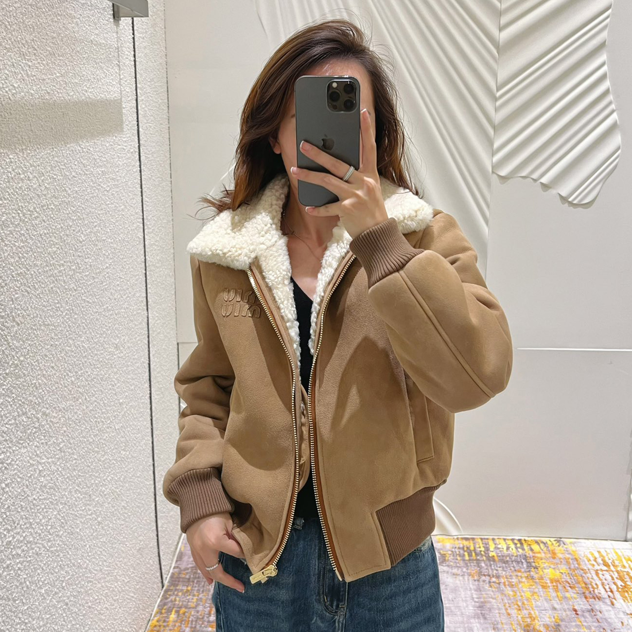 NIGO MiuMiu Women's Autumn and Winter Solid Color Logo Letter Printed Zipper Long Sleeve Leather Jacket #nigo73314