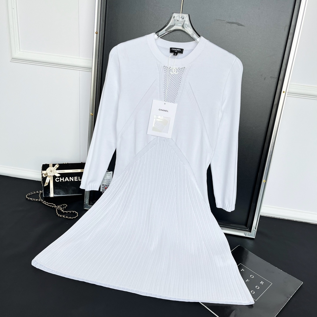 NIGO Chanel Women's Spring/Summer Solid Color Hollow Knit Long Sleeve Dresses #nigo73328