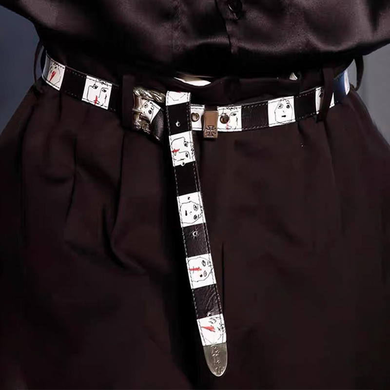 NIGO Enfants Riches Deprimes Men's Fashion Vintage Black and White Checkerboard Old Graffiti Leather Belt Ngvp #nigo9371