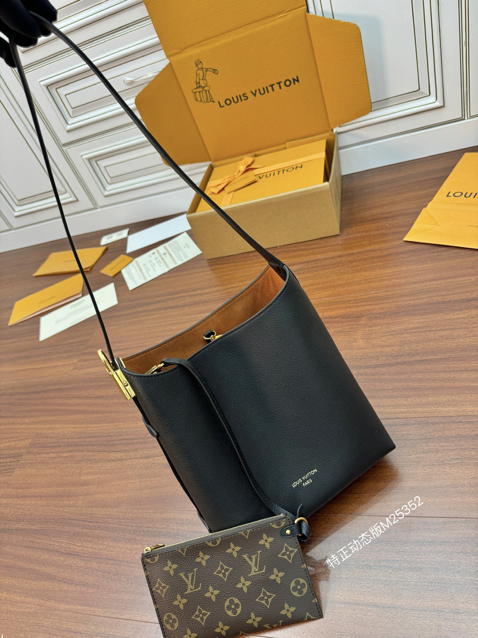 NIGO Louis Vuitton Women's Black Metal Hardware Hook And Loop Closure Smooth Cowhide Leather Handbag Shoulder Bag Bags #nigo73332