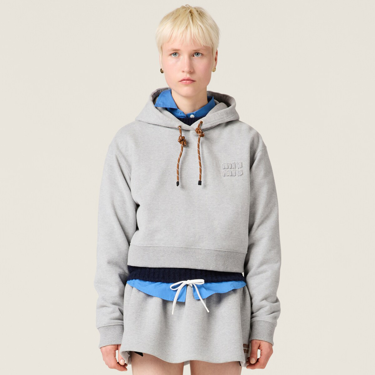NIGO MiuMiu Women's Spring and Autumn Gray Logo Embroidery Hooded Drawstring Cotton Loose Long Sleeve Sweatshirt #nigo73334