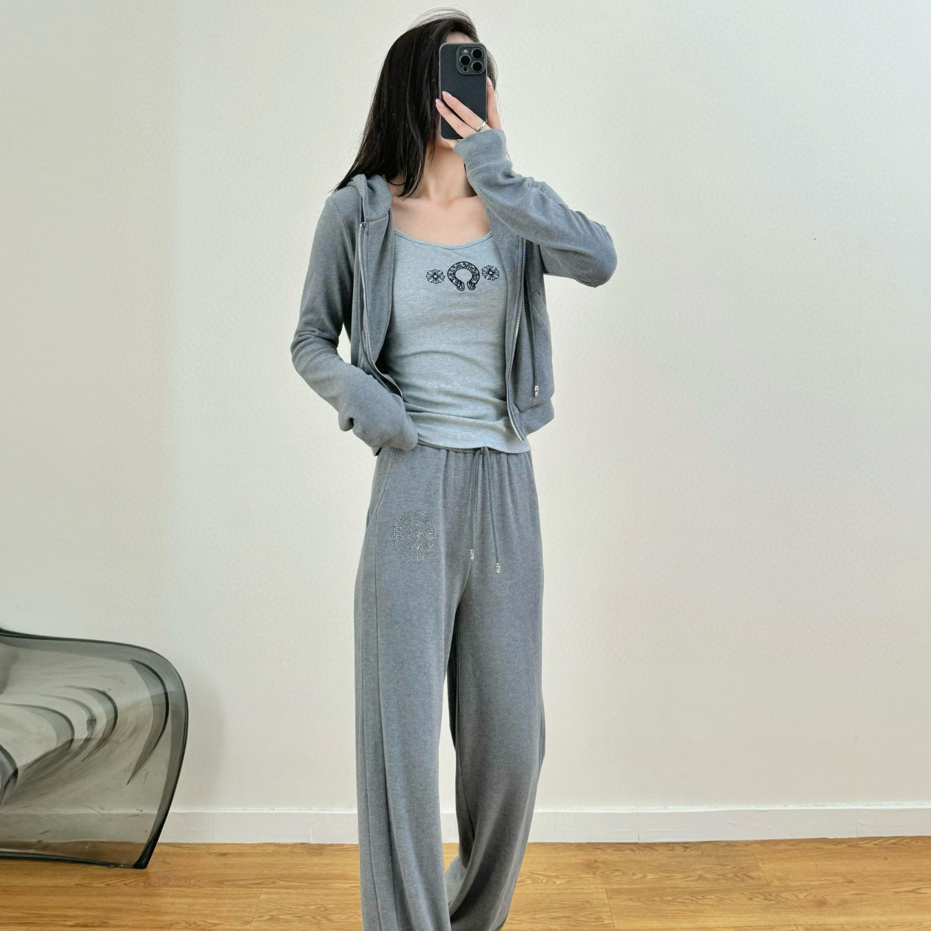 NIGO Chrome Hearts Women's Spring And Autumn Camisole Undershirt Zipper Hooded Long Sleeved Jacket Lace Up Casual Trousers Pants Three Piece Suit Set #nigo73348