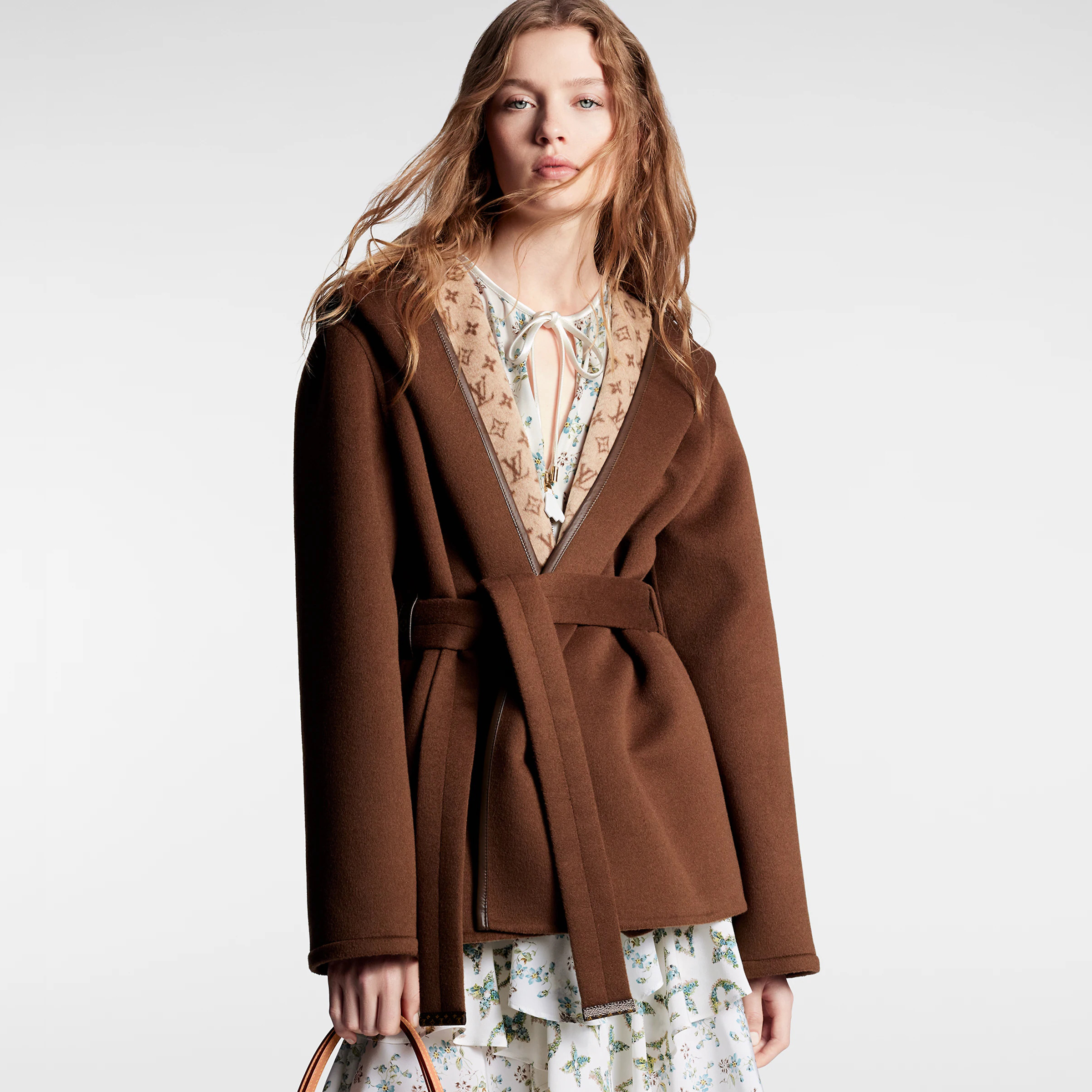 NIGO Louis Vuitton Women's Fall/Winter Brown Logo Letter Printed Wrap Around Waist Tie Long Sleeve Jacket #nigo73341