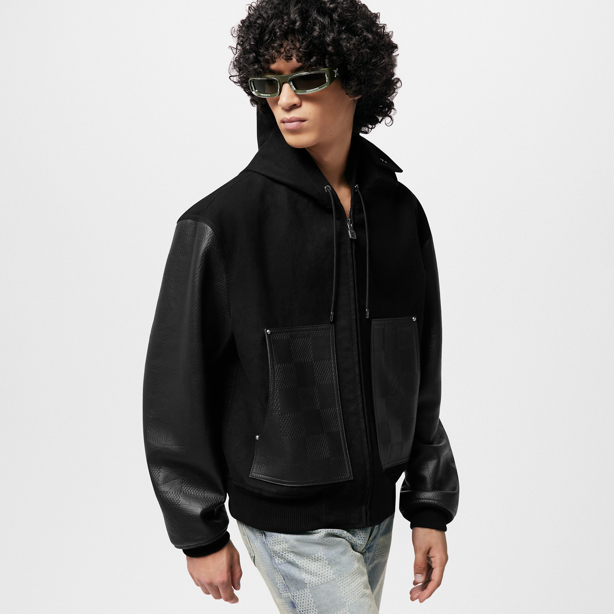 NIGO Louis Vuitton Men's Fall And Winter Black Suede Patchwork Hooded Drawstring Zipper Long Sleeve Jacket #nigo73342