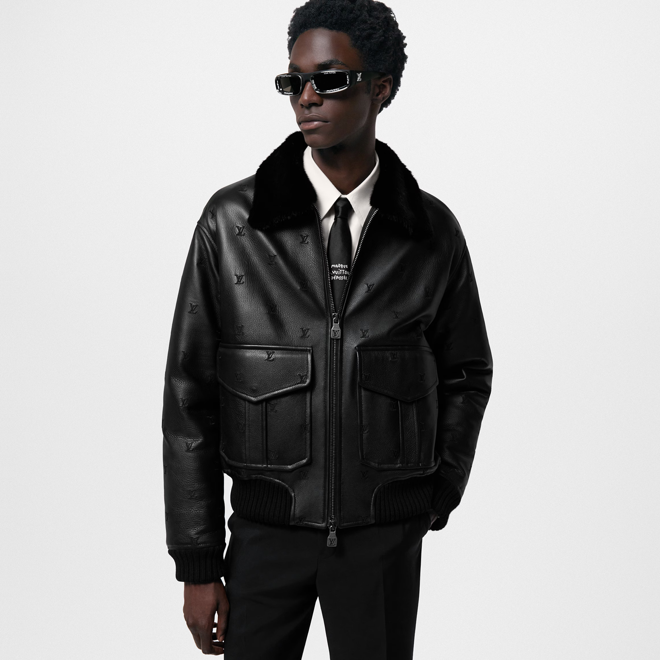 NIGO Louis Vuitton Men's Fall/winter Pilot Drawstring Jacket Solid Color Logo Jacquard Hair Collar Colorblocking Leather Jacket Back With Vents #nigo73354