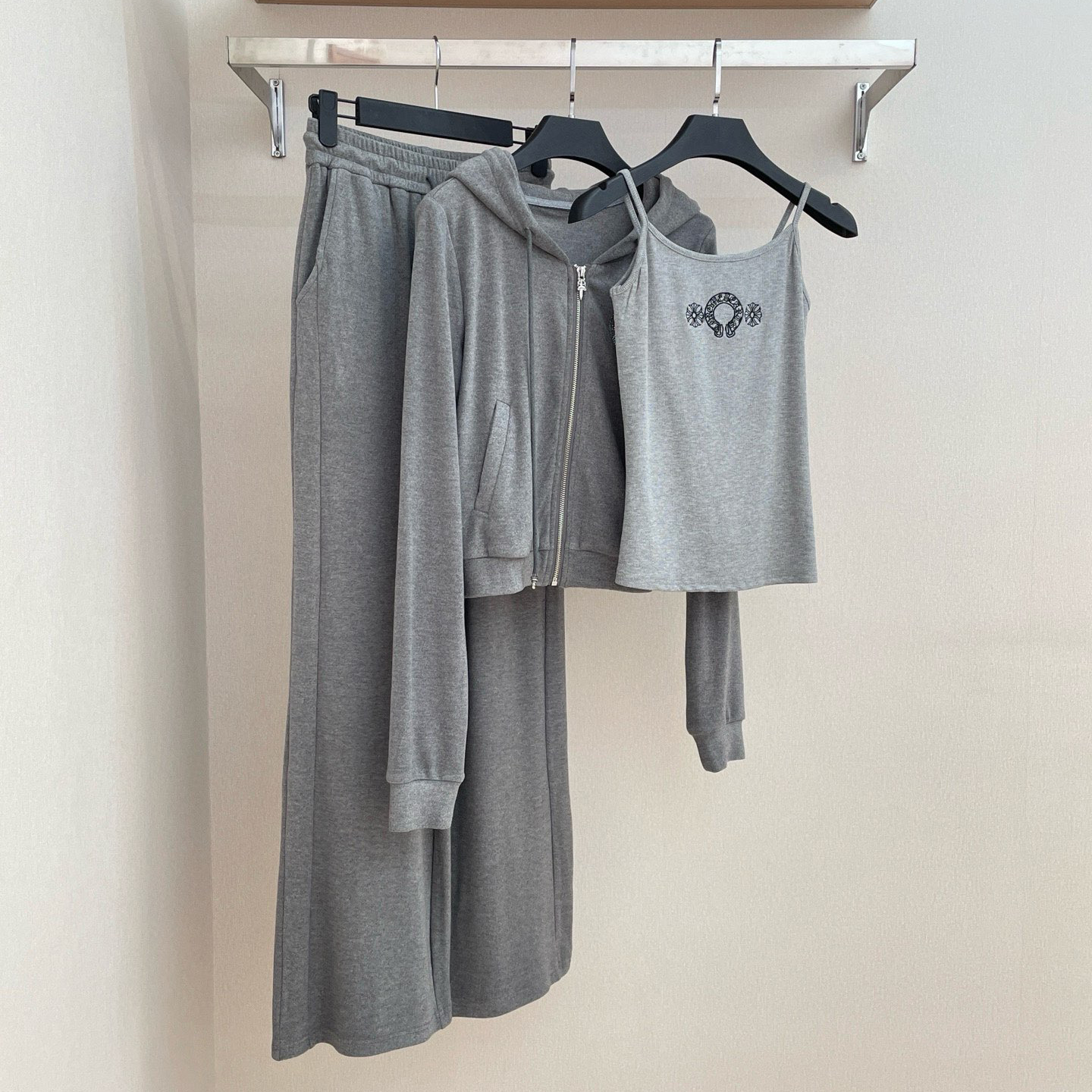 NIGO Chrome Hearts Women's Spring And Autumn Camisole Undershirt Zipper Hooded Long Sleeved Jacket Lace Up Casual Trousers Pants Three Piece Suit Set #nigo73348