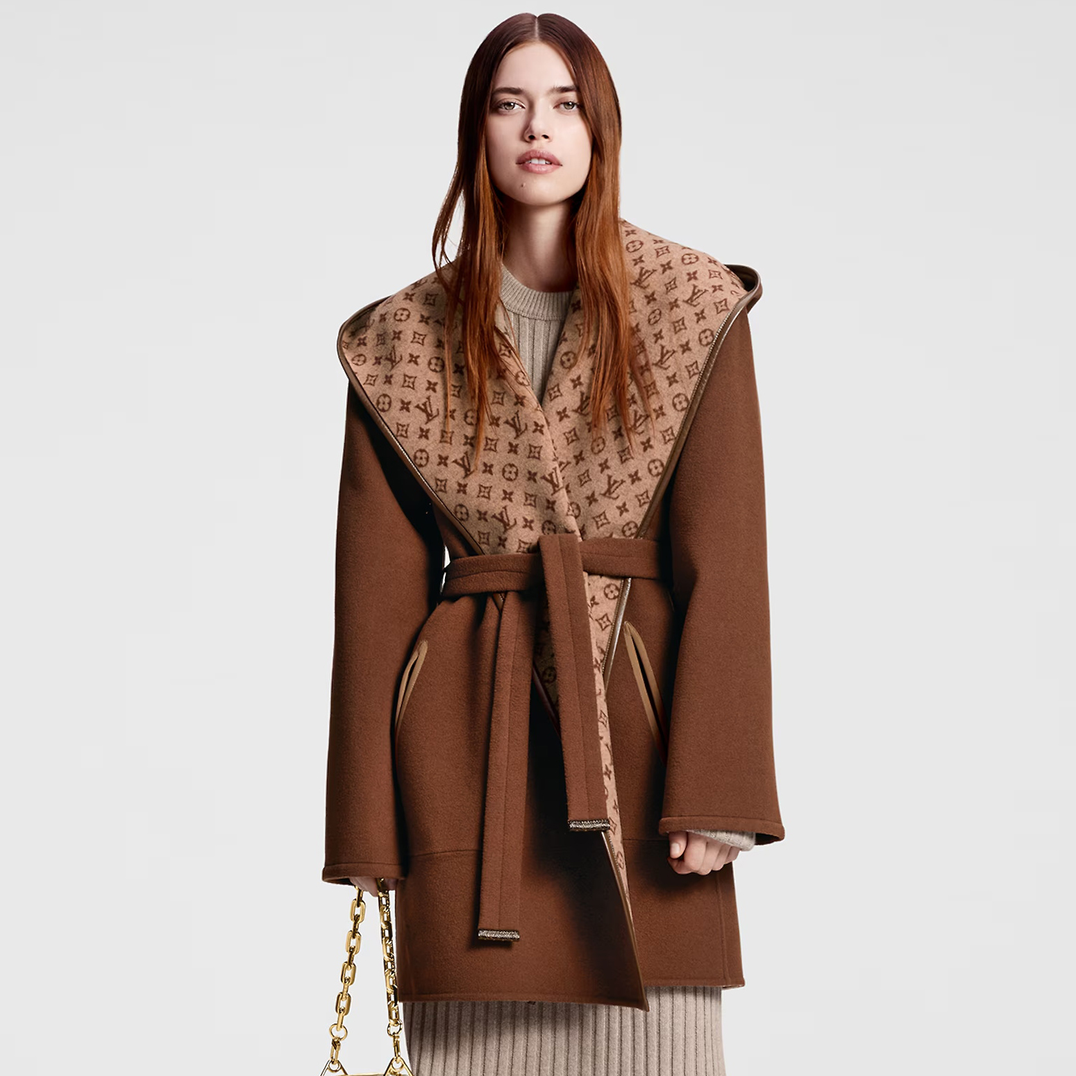 NIGO Louis Vuitton Women's Fall/Winter Brown Logo Letter Printed Reversible Wool Hooded Wrap Long Sleeve Coat Jacket #nigo73338