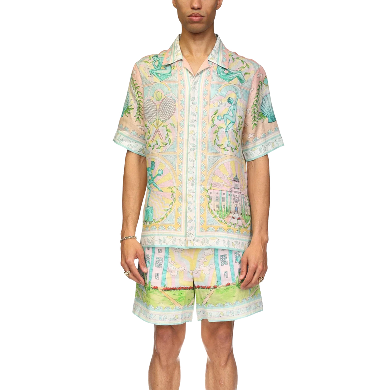 NIGO Casablanca Men's Women's Spring And Autumn Vase Print Lapel Single-Breasted Short-Sleeved Linen Shirt Casual Elastic Waist Loose Shorts Ngvp #nigo9386