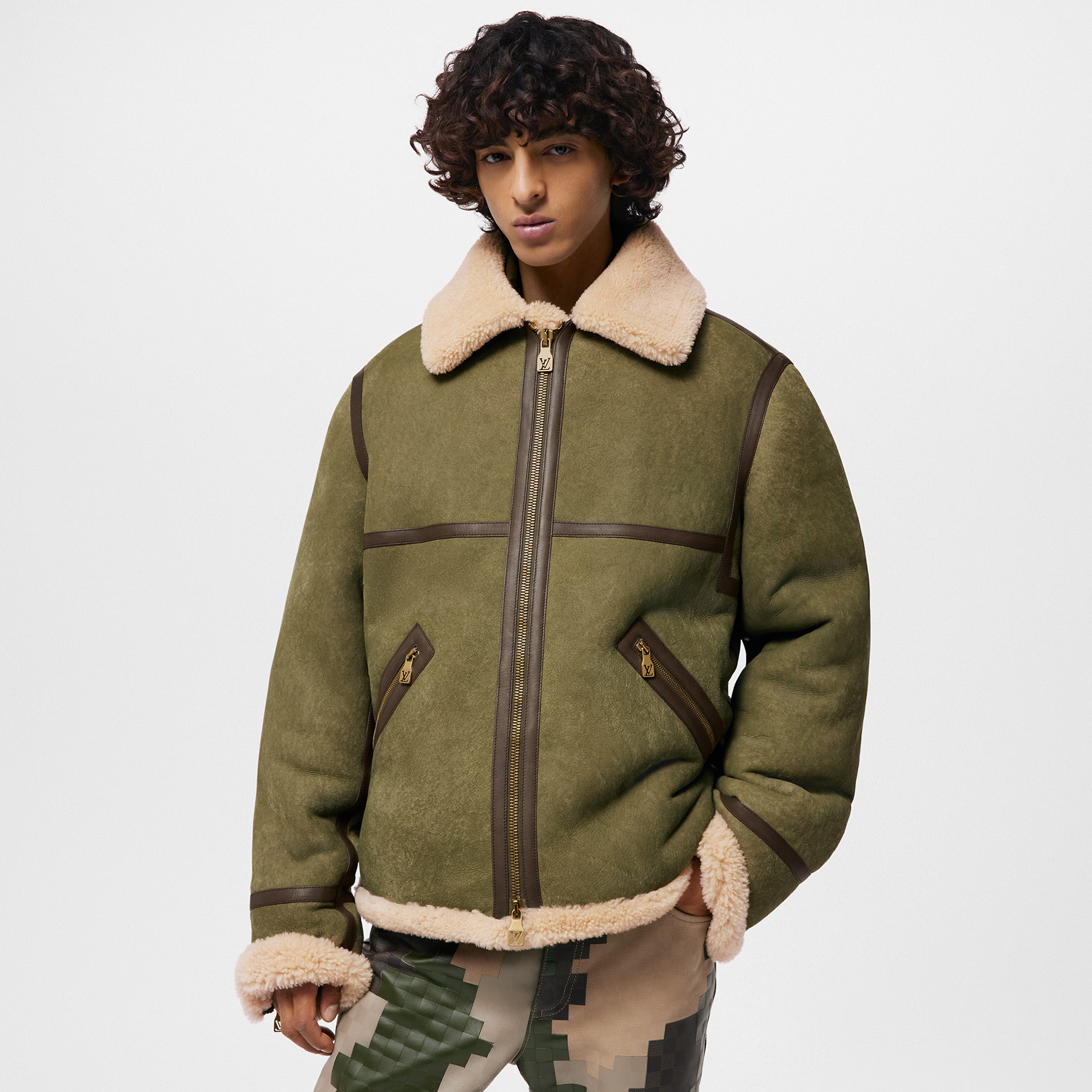 NIGO Louis Vuitton Men's Autumn and Winter Green Sheep Leather Patchwork Fur Collar Zipper Casual Long Sleeve Jacket #nigo73367