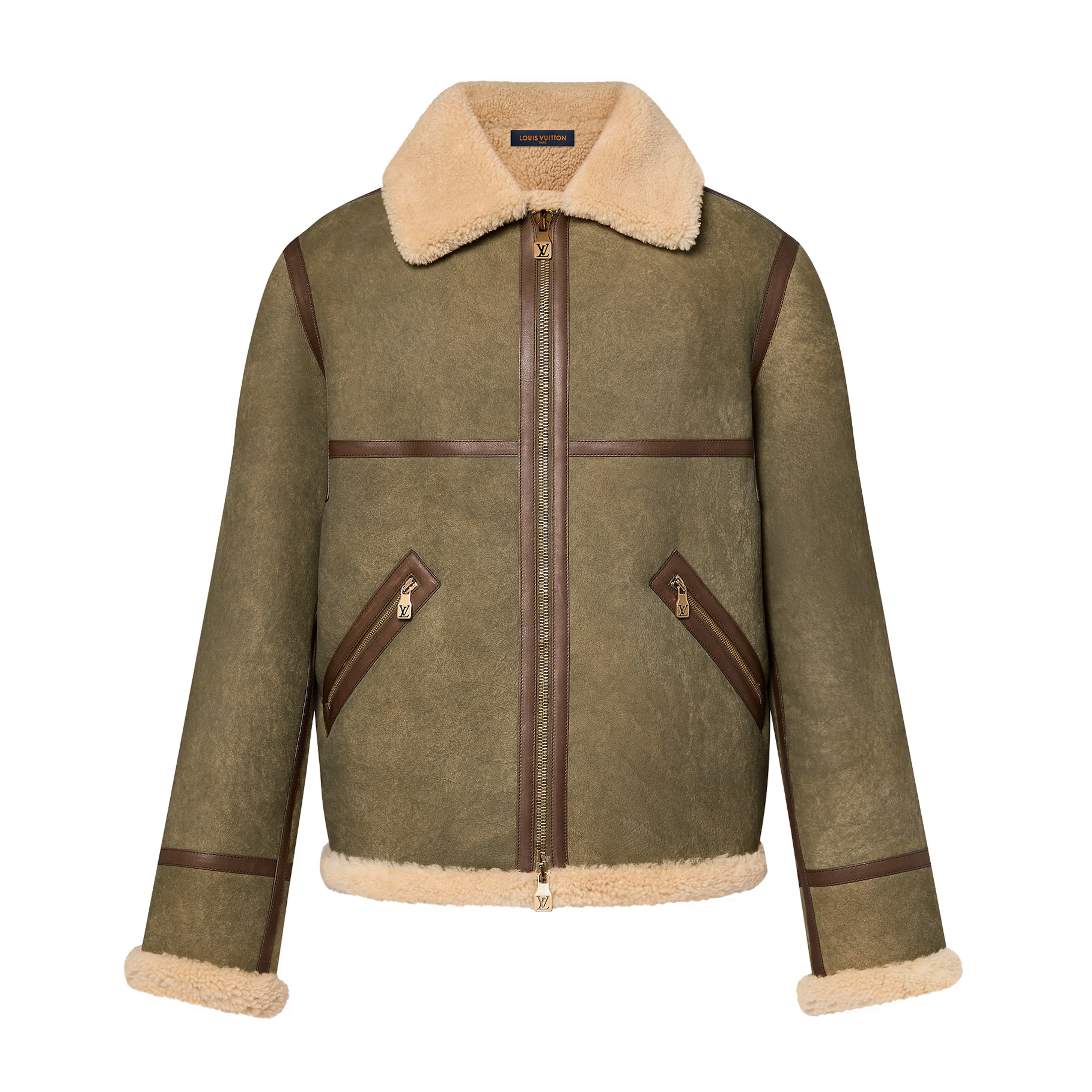 NIGO Louis Vuitton Men's Autumn and Winter Green Sheep Leather Patchwork Fur Collar Zipper Casual Long Sleeve Jacket #nigo73367