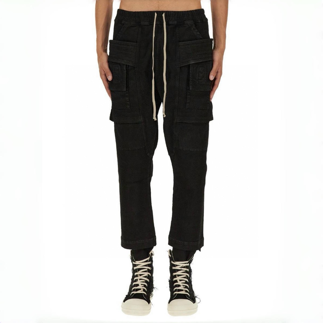 NIGO Rick Owens Men's Spring and Autumn Black Large Pocket Cotton Lace-Up Casual Work Pants #nigo73375