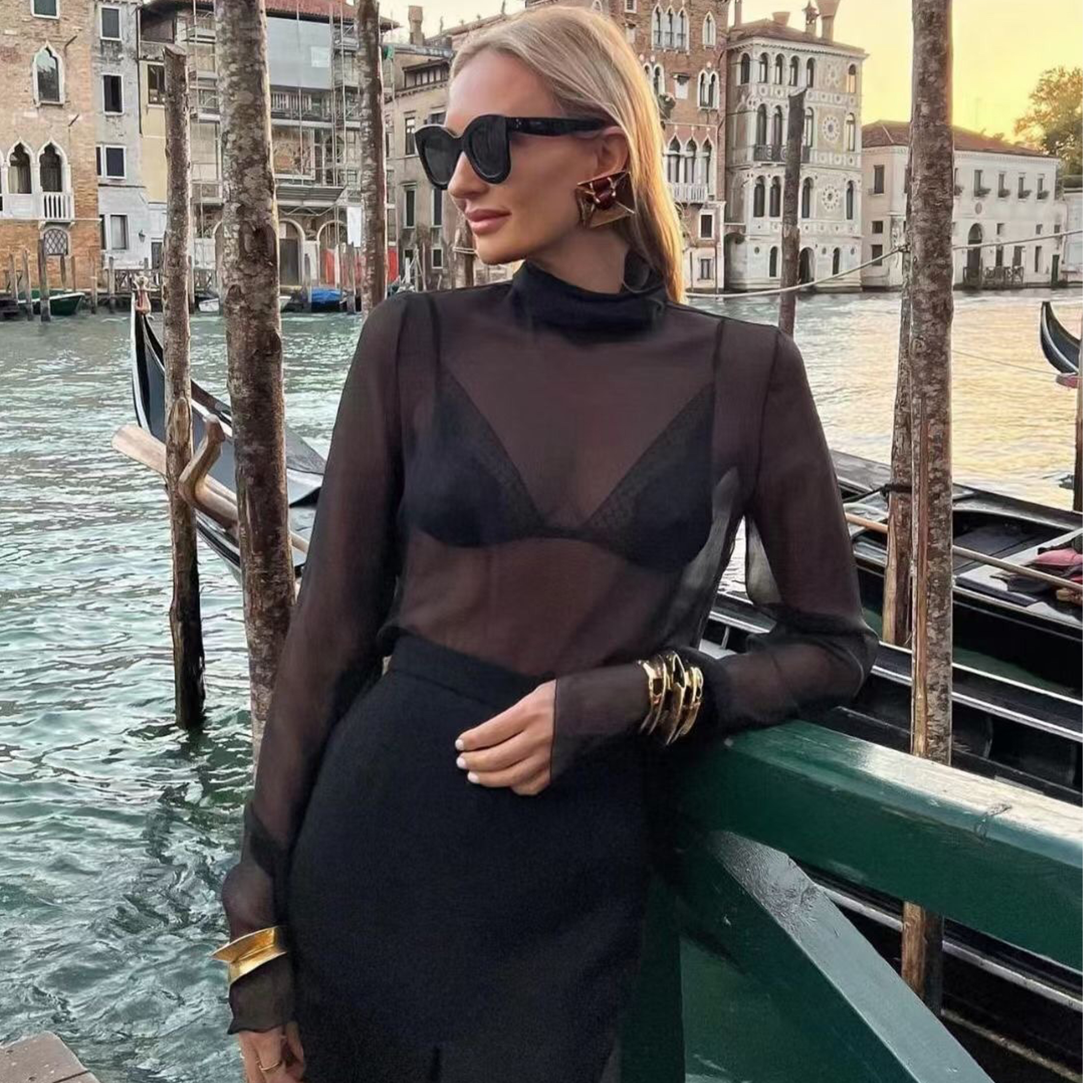 NIGO Saint Laurent Women's Spring And Summer Tulle Bottoming Top High Collar Temperament Lightweight Long-sleeved Comfortable Shirt #nigo73382