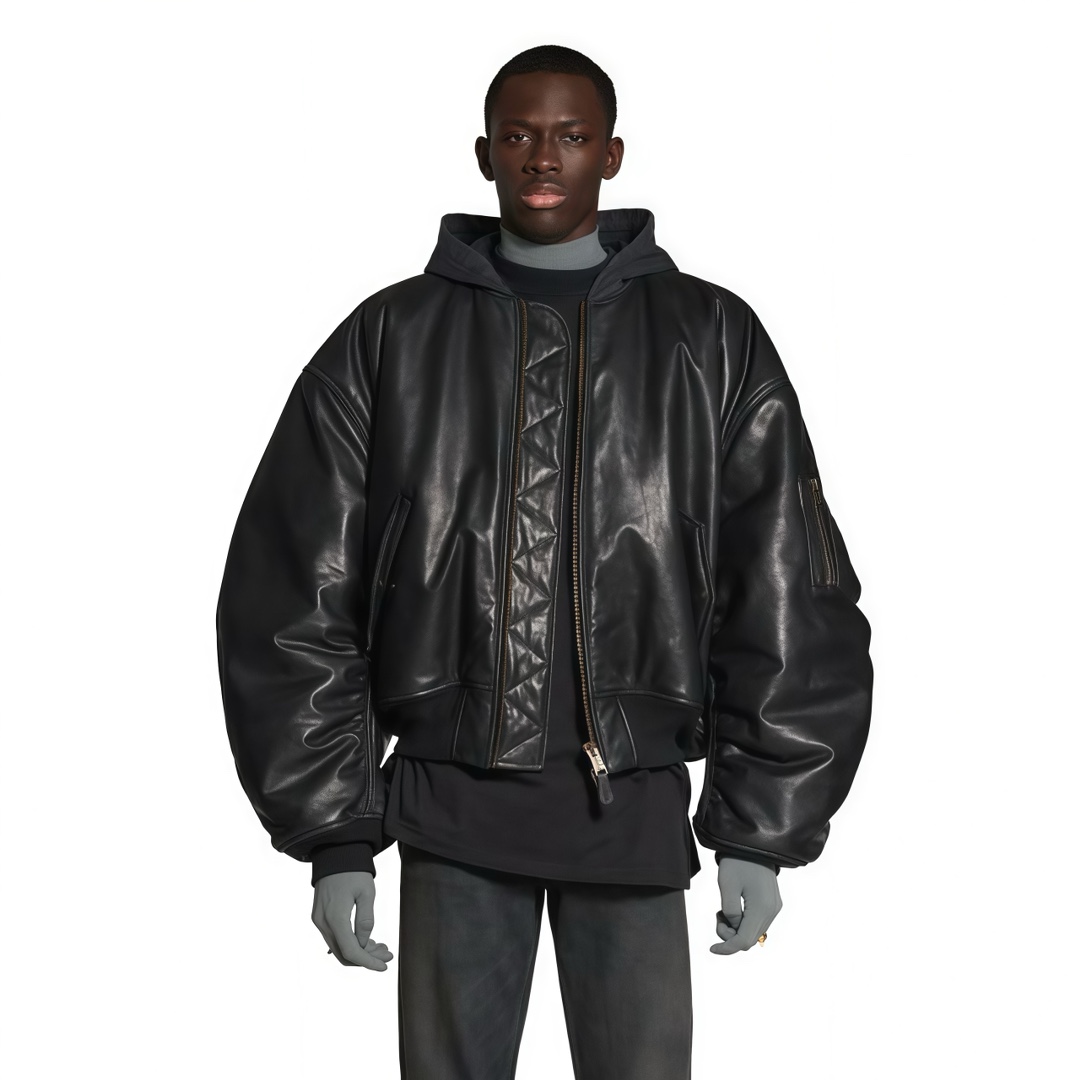 NIGO Balenciaga Men Women Spring And Autumn Zipper Black Loose Long Sleeve Cowhide Hooded Aviator Jacket Ngvp #nigo9411