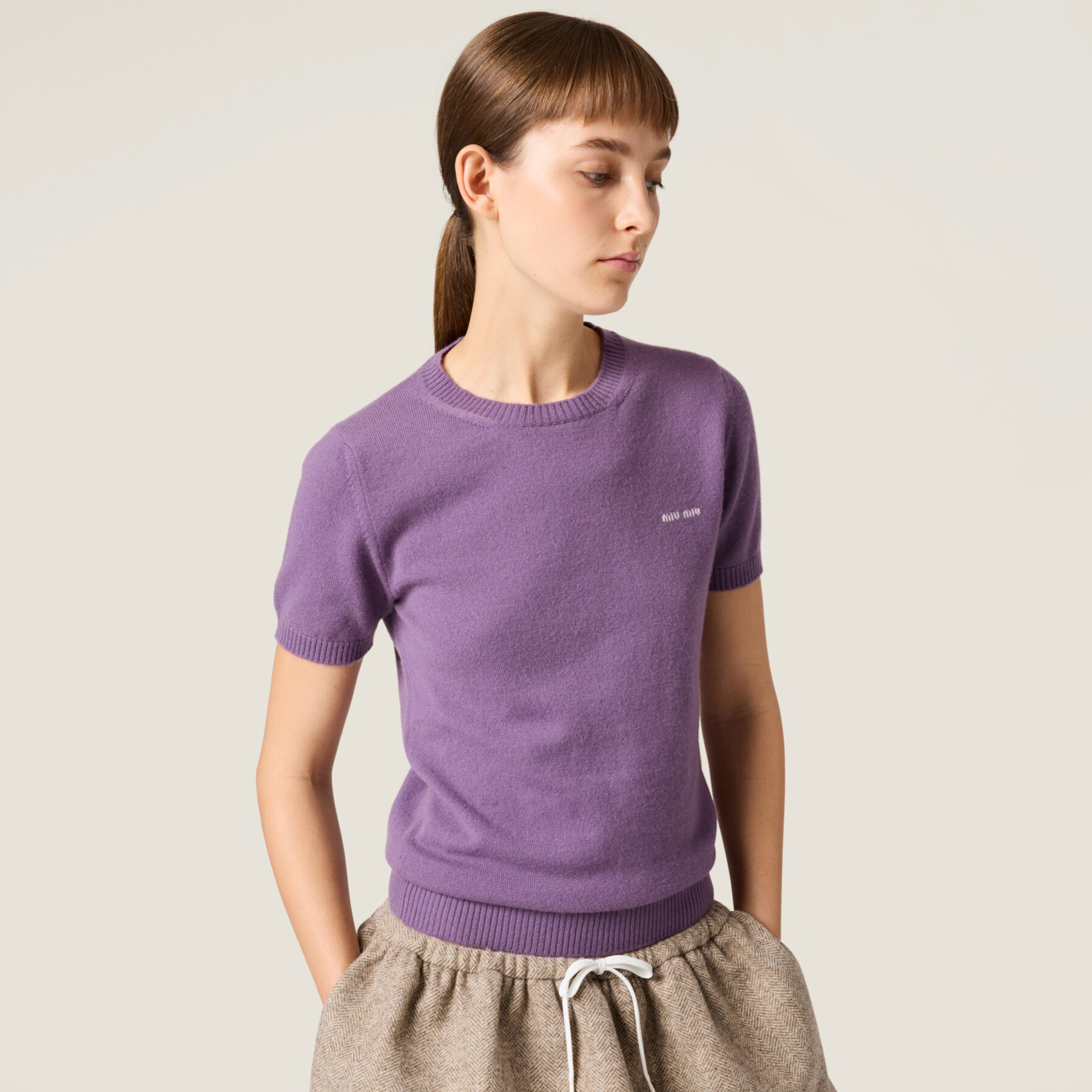 NIGO MiuMiu Women's Summer Solid Color Logo Applique Cashmere Short Sleeve Knit T-Shirt Long Sleeve Single Breasted Knit Shirt #nigo73397