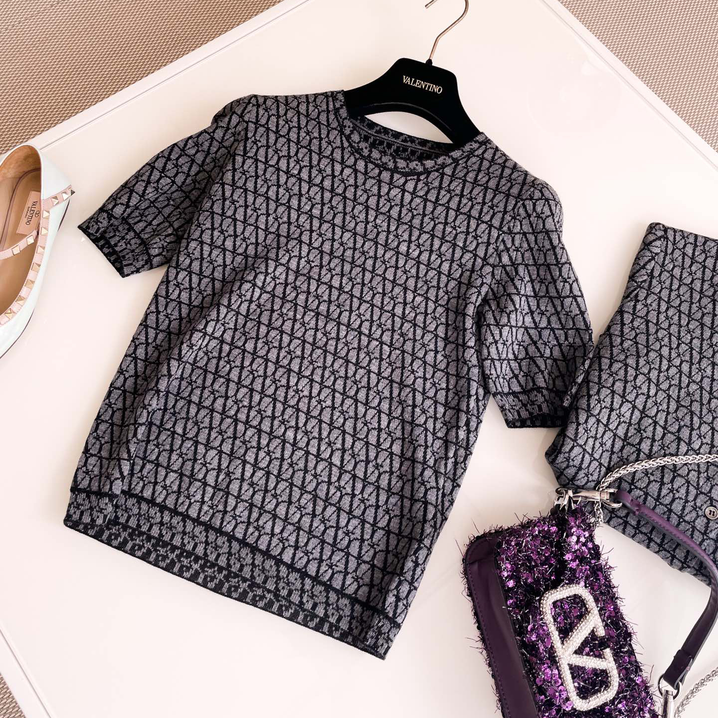 NIGO Valentino Women's Summer Logo Jacquard Embroidery Round Neck Knit Short Sleeve T-Shirt #nigo73387