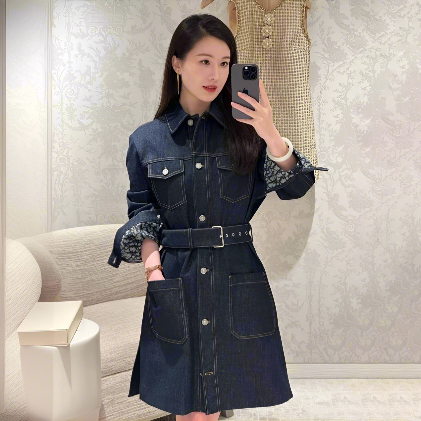NIGO Dior Women's Spring And Autumn Solid Color Lapel Denim Medium Length Single Breasted Long Sleeved Jacket Coat #nigo73396