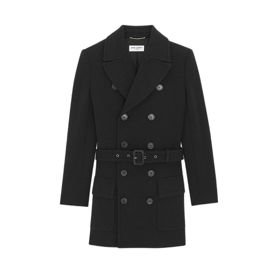 NIGO SAINT LAURENT Women's Spring, Autumn And Winter Double-Breasted Belt Solid Color Wool Short Black Dress Long-Sleeved Straight Coat Ngvp #nigo9399