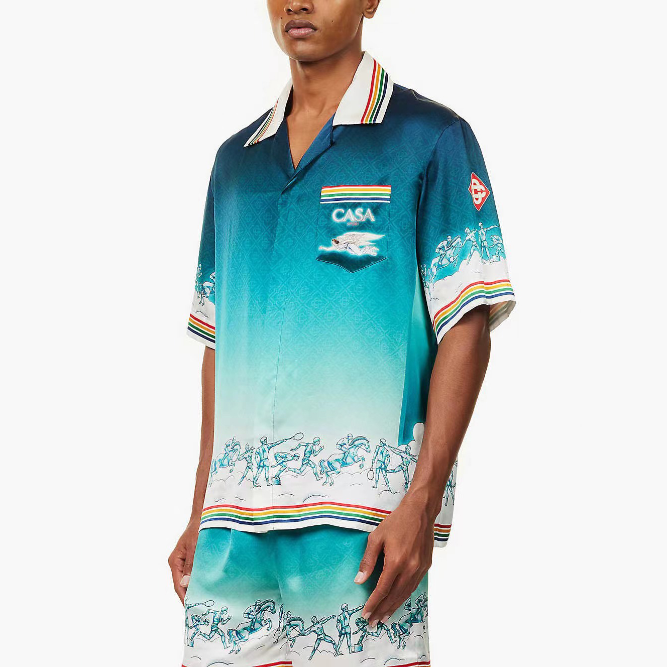 NIGO Casablanca Men's Summer Gradient Pattern Printed Lapel Loose Single Breasted Short Sleeve Shirt Tie Stretch Waistband Shorts Set Suit #nigo73425