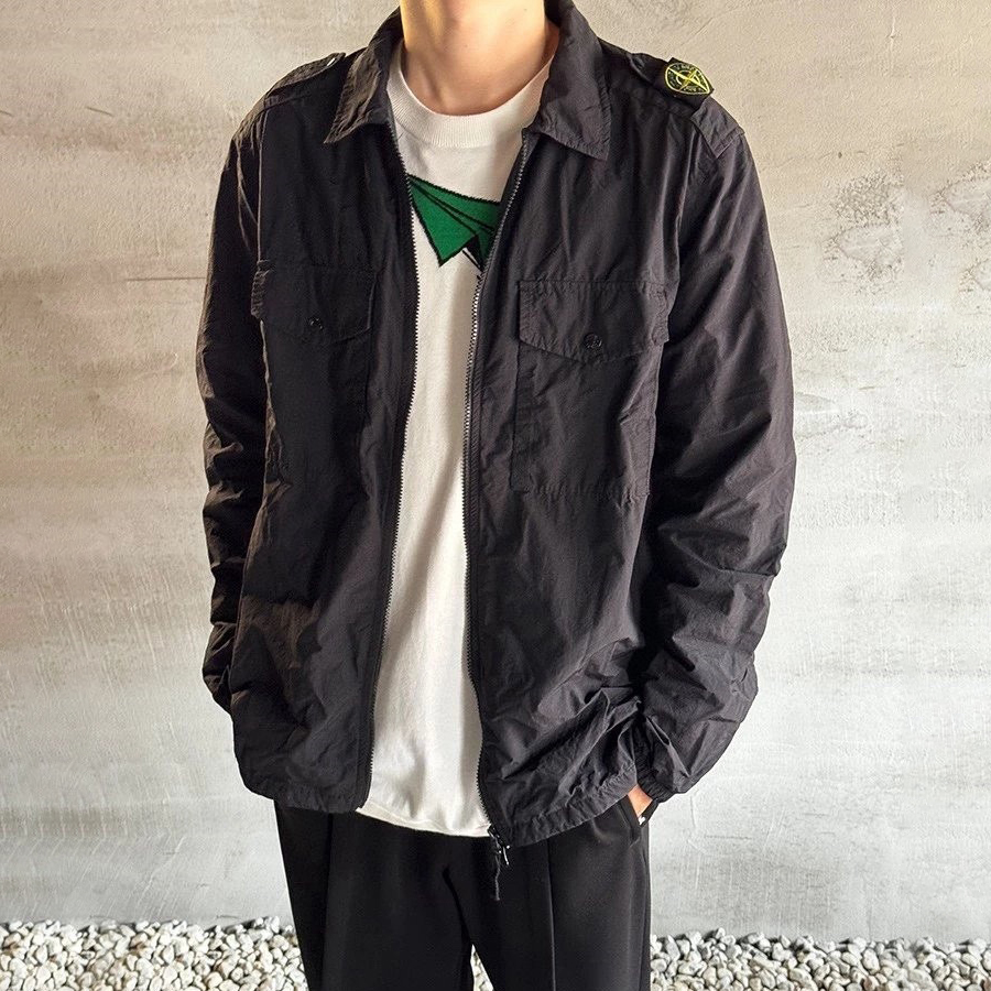 NIGO Stone Island Men's Spring and Autumn Black Padded Mesh Shoulder Badge Zipper Long Sleeve Jacket Drawstring Four Pocket Workwear Pants Set Suit #nigo73427