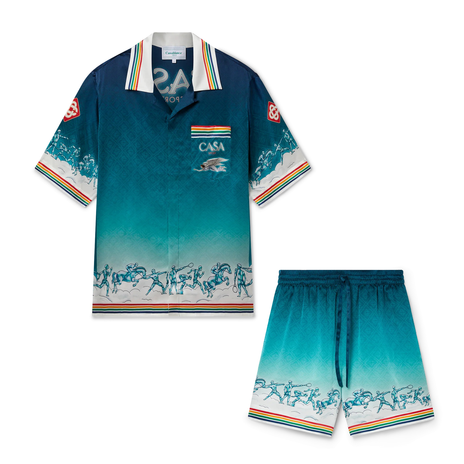 NIGO Casablanca Men's Summer Gradient Pattern Printed Lapel Loose Single Breasted Short Sleeve Shirt Tie Stretch Waistband Shorts Set Suit #nigo73425