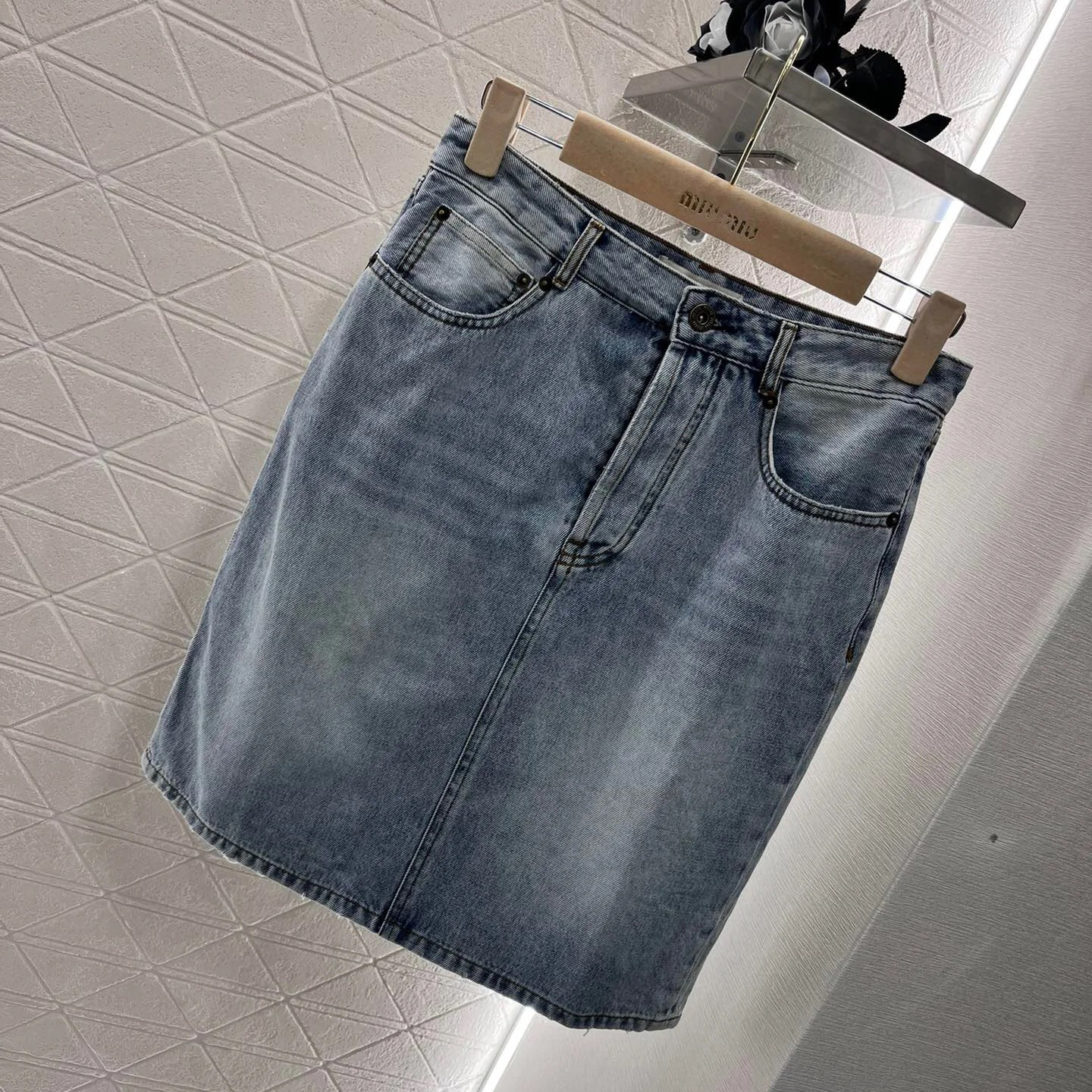 NIGO MiuMiu Women's Summer Blue Letter Logo Embroidered Logo Mid Calf Denim Half Skirt #nigo73417