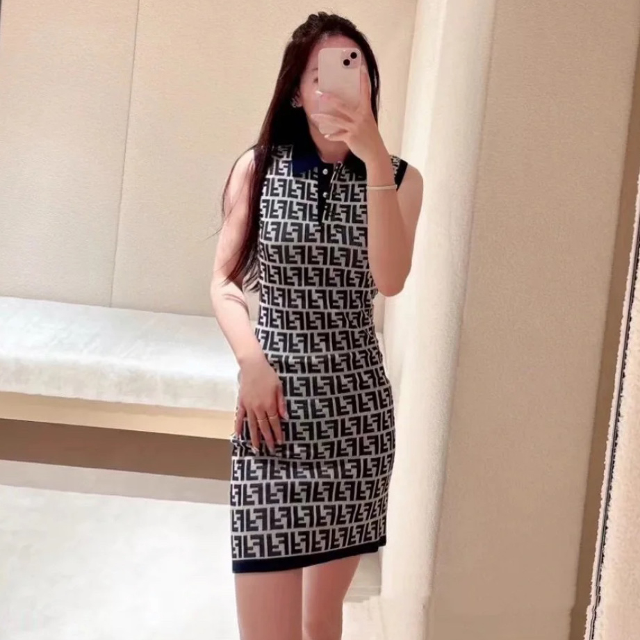 NIGO Fendi Women's Summer Blue Letter Printed Cotton Sleeveless Dresses #nigo73433