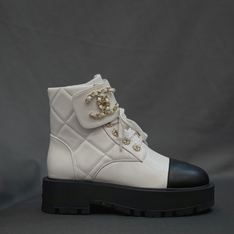 NIGO Chanel Women's Autumn and Winter Diamond Velcro Lace-up Leather Short Boots Shoes #nigo73461