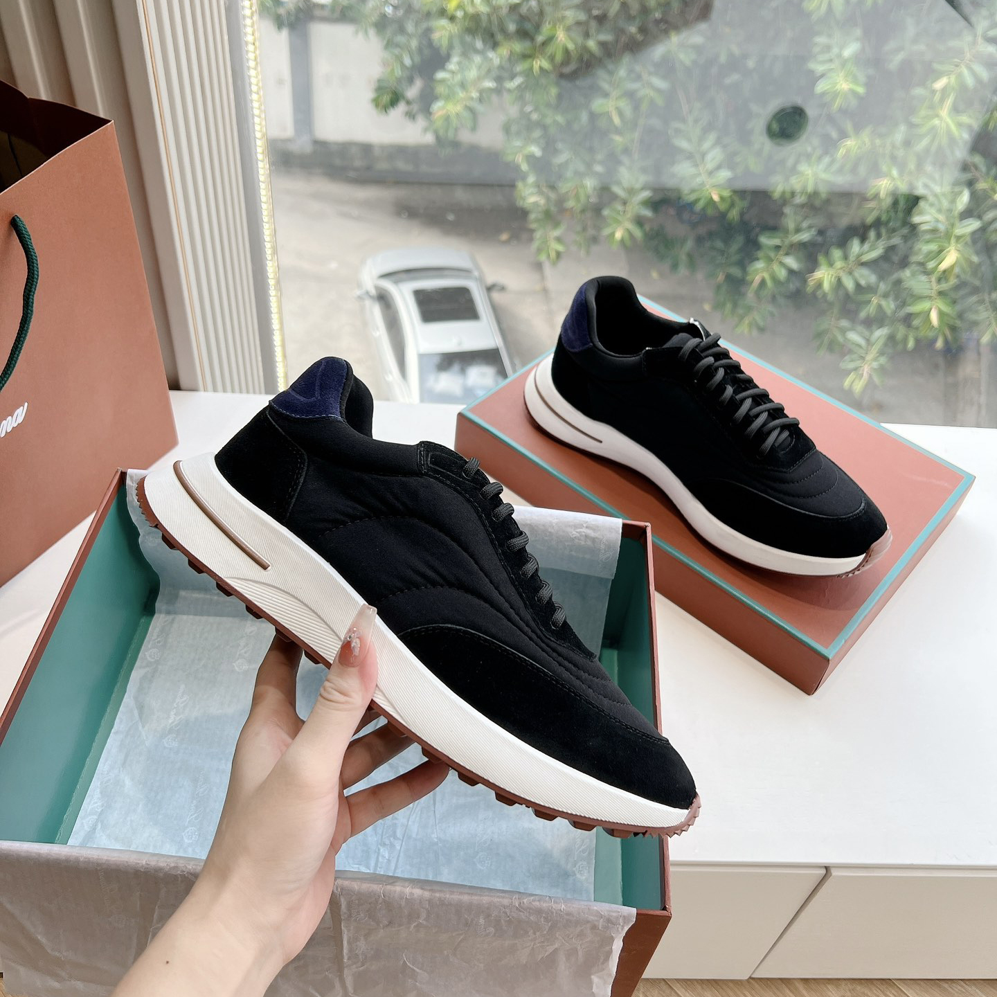 NIGO Loro Piana Men's And Women's Color Blocked Mesh Blocked Leather Lace-up Low Top Derby Shoes #nigo73454