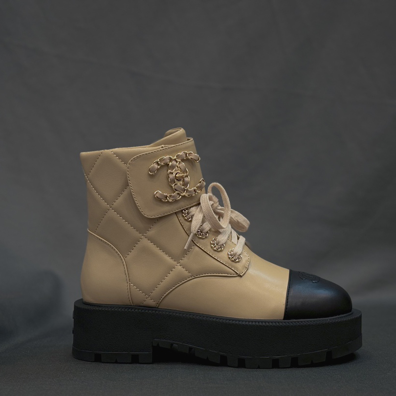 NIGO Chanel Women's Autumn and Winter Diamond Velcro Lace-up Leather Short Boots Shoes #nigo73461