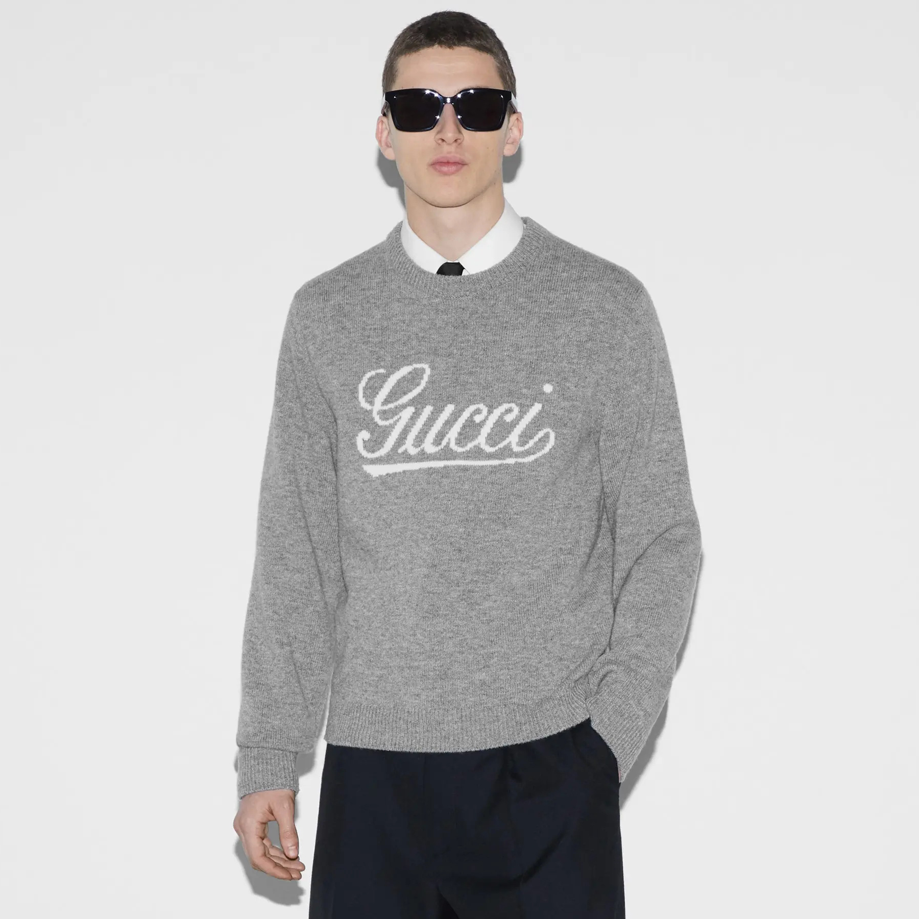 NIGO Gucci Men's Autumn and Winter Gray Logo Letter Applique Crew Neck Pullover Wool Long Sleeve Sweater #nigo73465