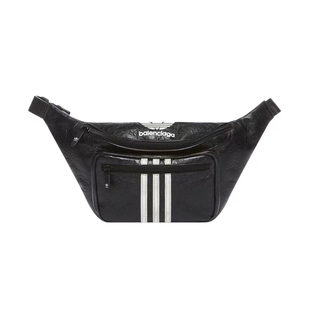 NIGO Balenciaga X Adidas Men's Black and White Stripe Zipper Closure Logo Printed Sheep Leather Shoulder Crossbody Waist Bag Bags #nigo73471