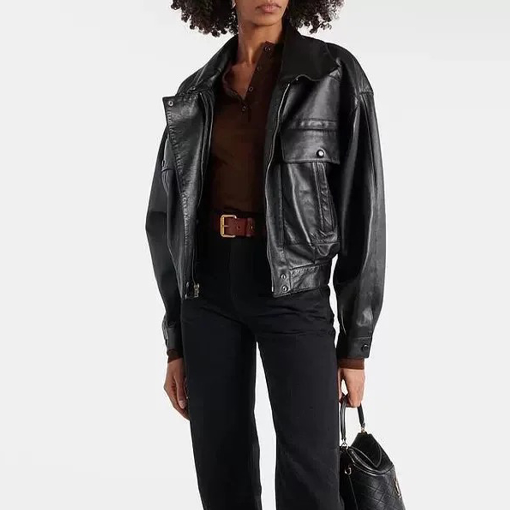 NIGO SAINT LAURENT Women's Autumn And Winter Zipper Lapel Short Black Long Sleeve Fitted Sheepskin Jacket Ngvp #nigo9425