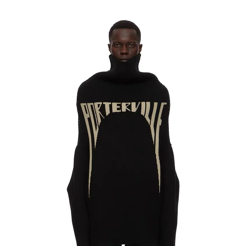 NIGO Rick Owens Men's High Neck Letters Jacquard Knit Large Silhouette Casual Long Sleeve Black Sweater For Fall And Winter Ngvp #nigo9431