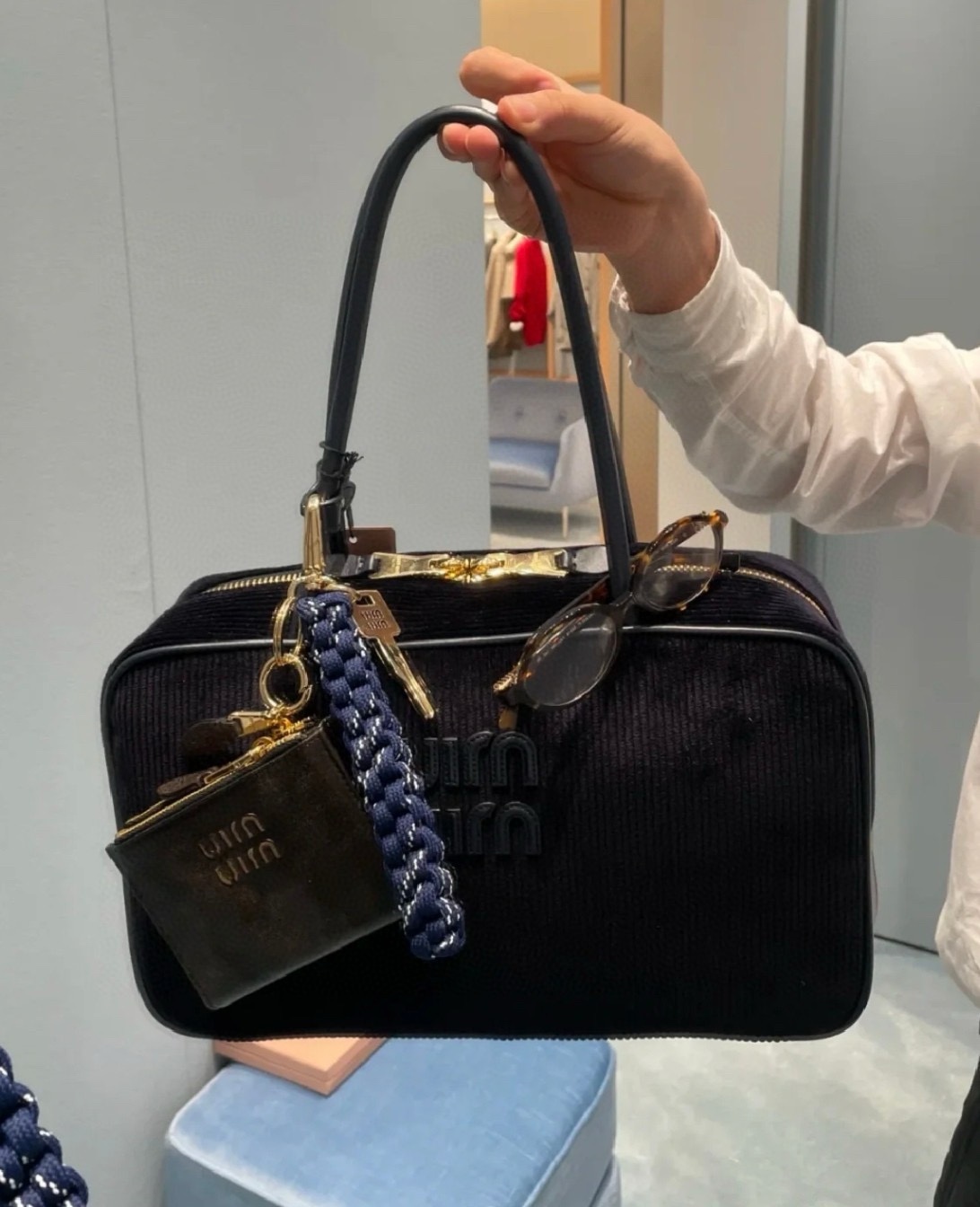 NIGO MiuMiu Women's Beau Logo Zipper Solid Color Corduroy Shoulder Bag Casual Tote Bag 5BB163VOOO2F81 #nigo71649