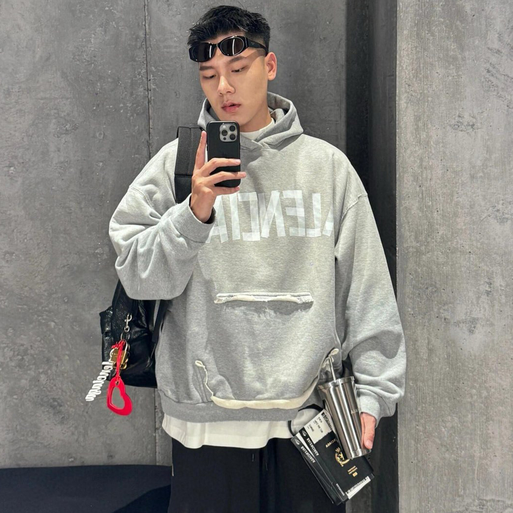 NIGO Balenciaga Men's Spring and Autumn Gray Letter Logo Printed Hooded Long Sleeve Sweatshirt Pullover #nigo73489