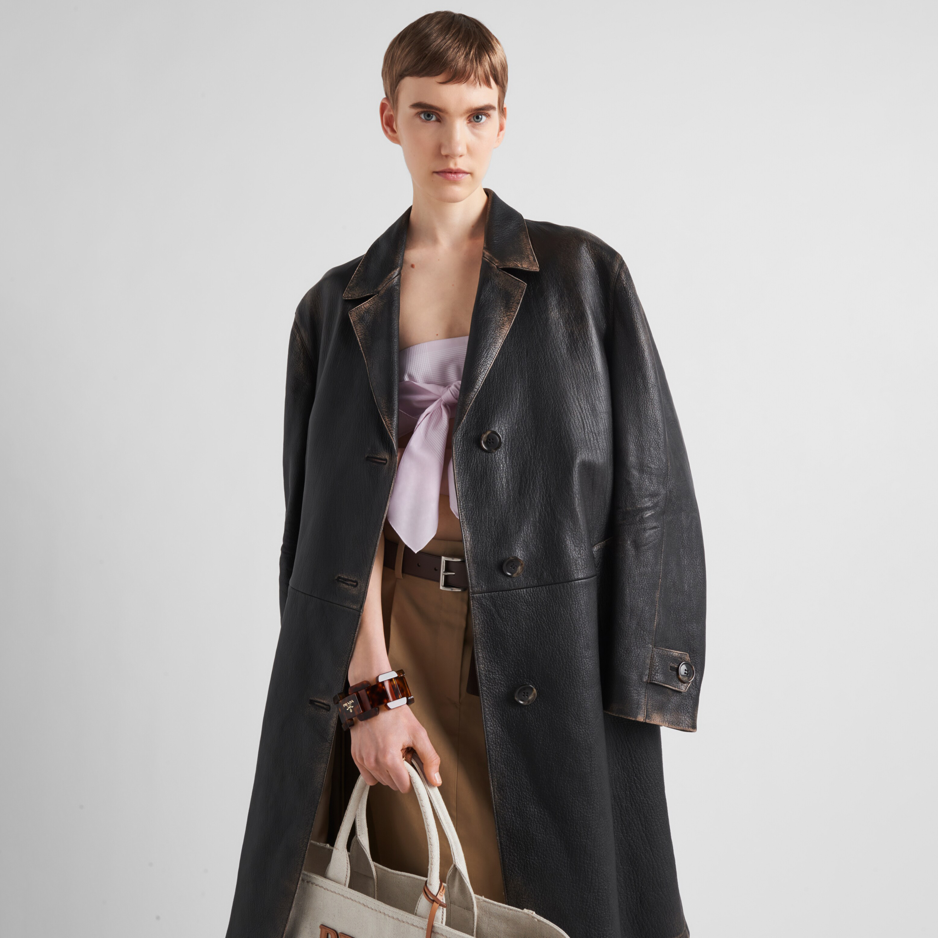 NIGO Prada Women's Fall And Winter Black Lapel Single-breasted Do Old Lambskin Belt In The Long Section Long Sleeved Coat Jacket #nigo73491