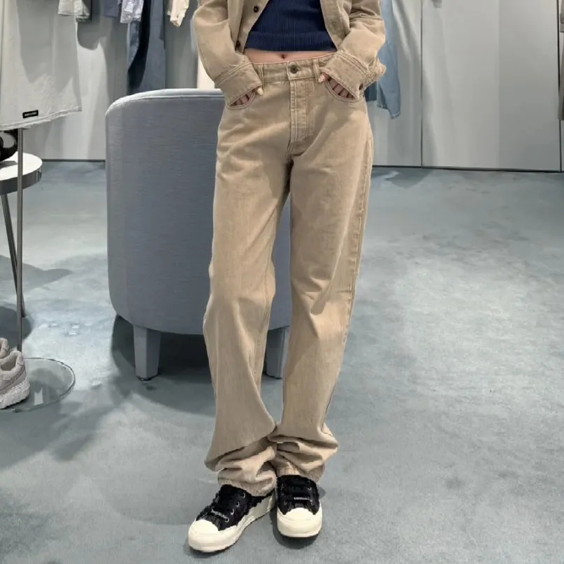 NIGO MiuMiu Women's Spring/Autumn Light Brown Embroidered Logo Straight Leg Pants #nigo73481