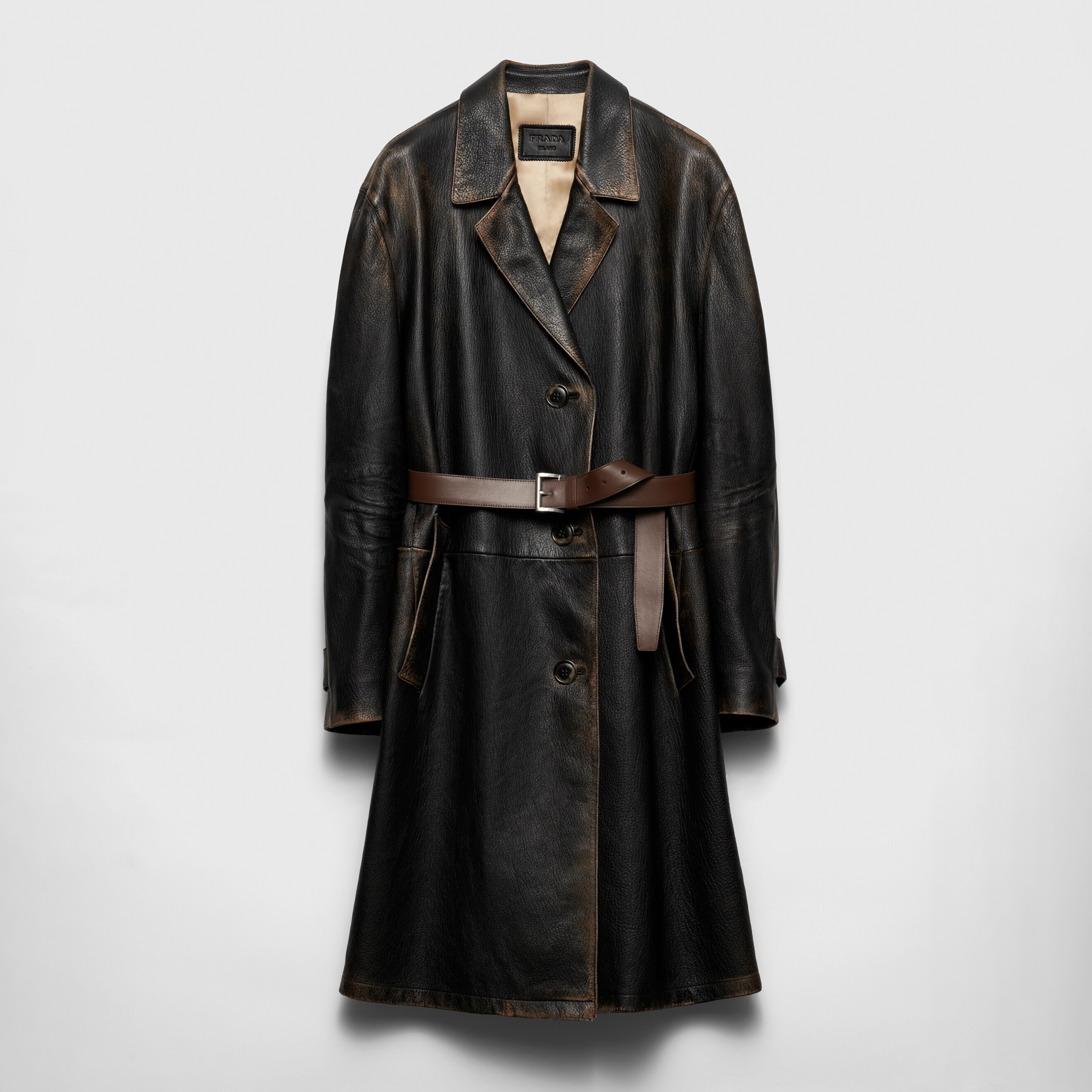 NIGO Prada Women's Fall And Winter Black Lapel Single-breasted Do Old Lambskin Belt In The Long Section Long Sleeved Coat Jacket #nigo73491