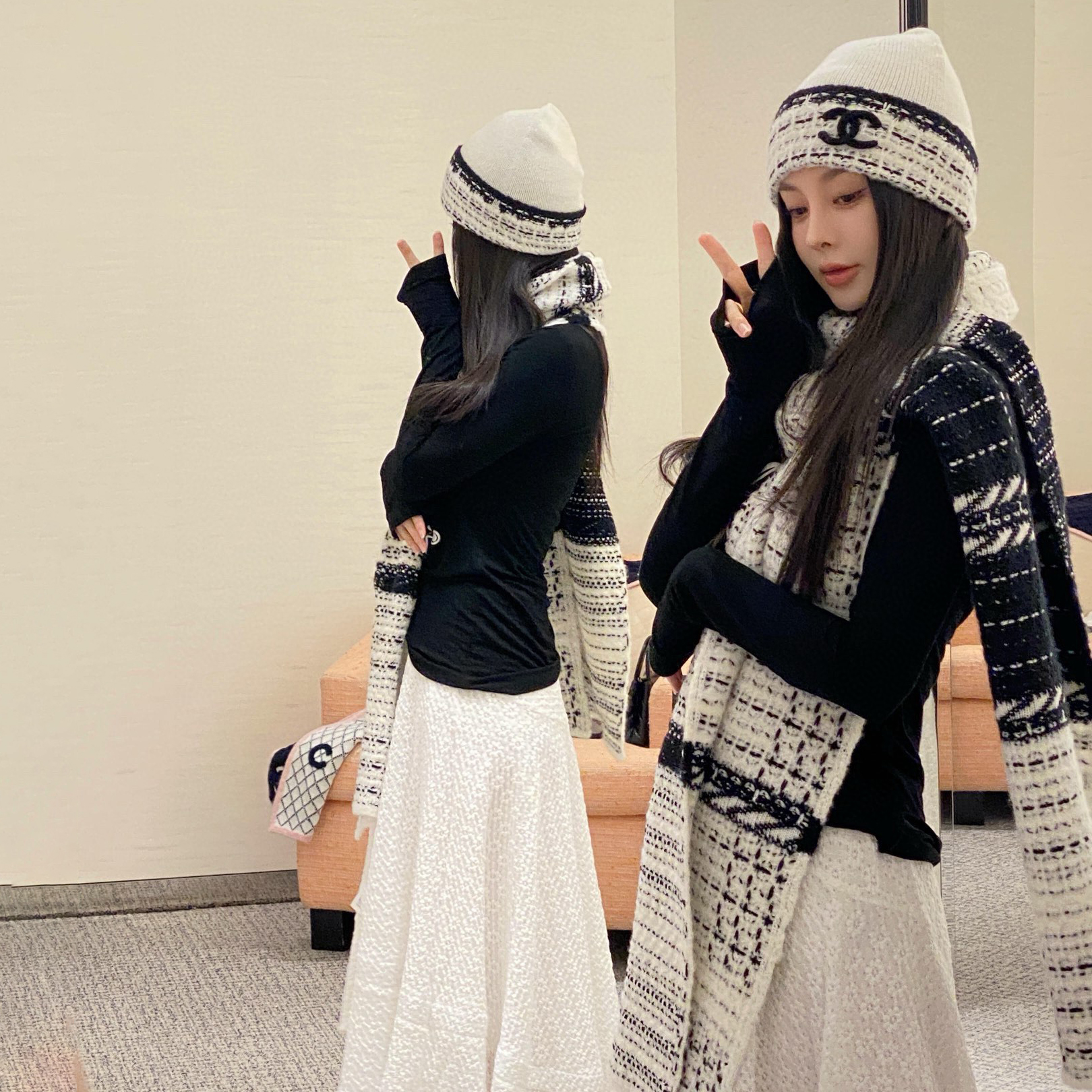 NIGO Chanel Women's Winter Black and White Wool Knit Hat Cap Scarf #nigo73494