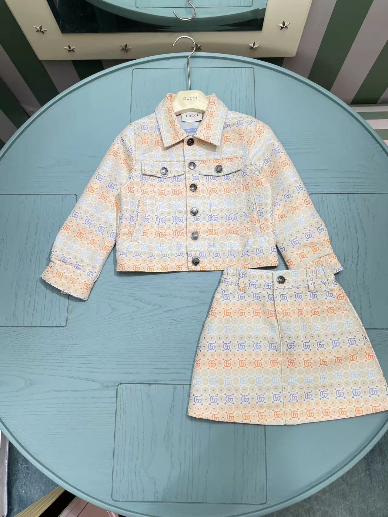 NIGO Gucci Kid's Spring And Autumn Double G Printed Lapel Cotton Long Sleeve Jacket Casual Half Skirt Set #nigo31351