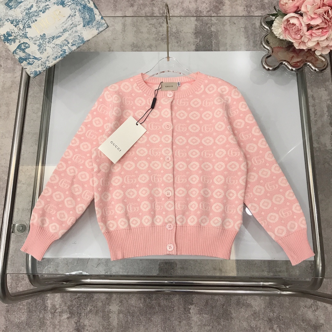 NIGO Gucci Kid's Spring, Fall And Winter Double G Jacquard Cotton Round Neck Long-Sleeved Casual Pink Knitted Cardigan #nigo31347
