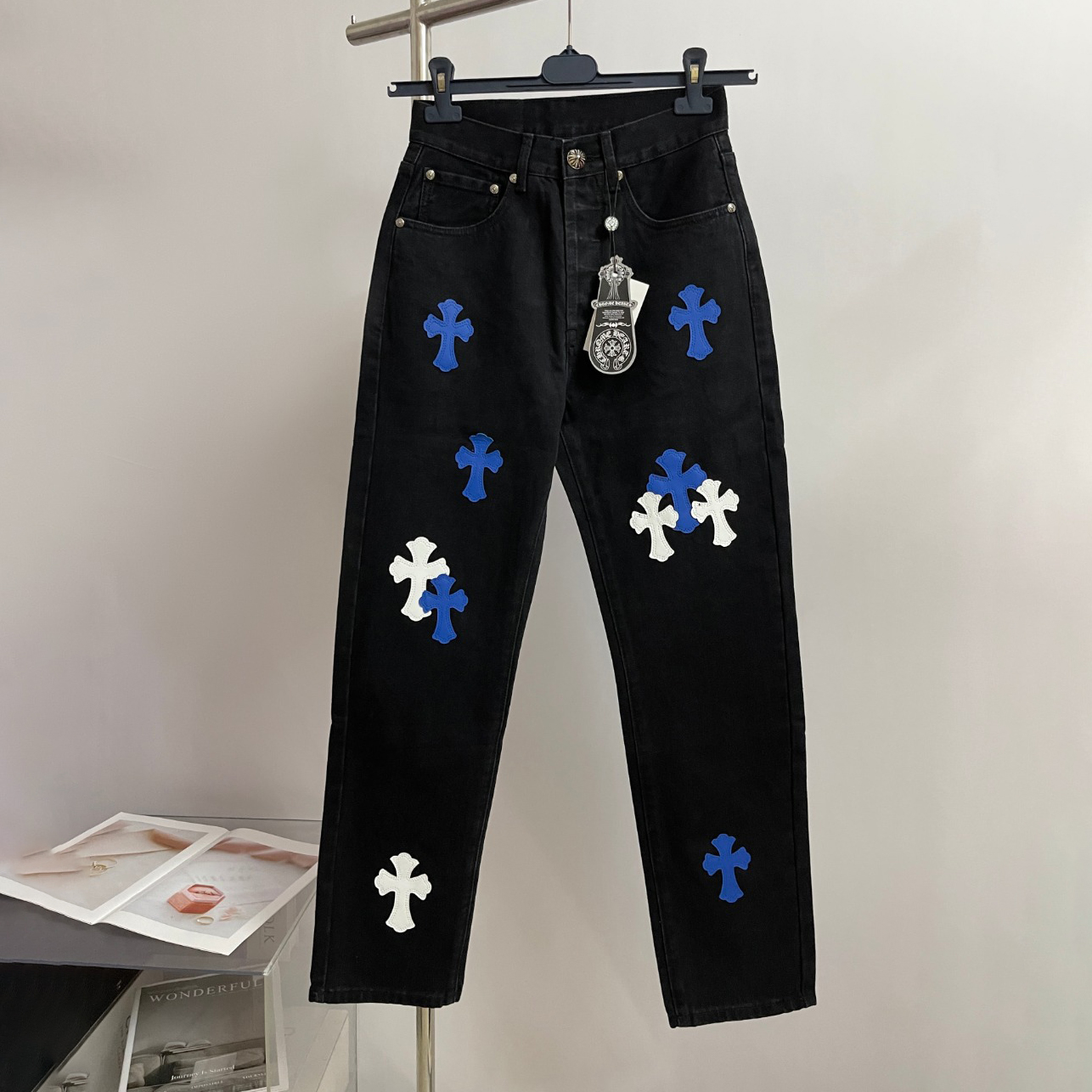 NIGO Chrome Hearts Men's and Women's Spring and Fall Cross Calfskin Labeled Black Jeans Pants #nigo73497