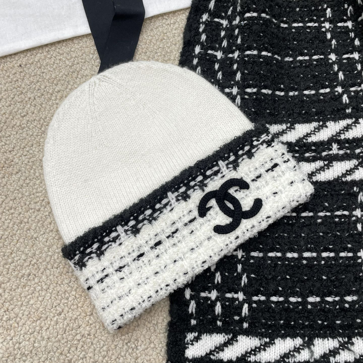 NIGO Chanel Women's Winter Black and White Wool Knit Hat Cap Scarf #nigo73494